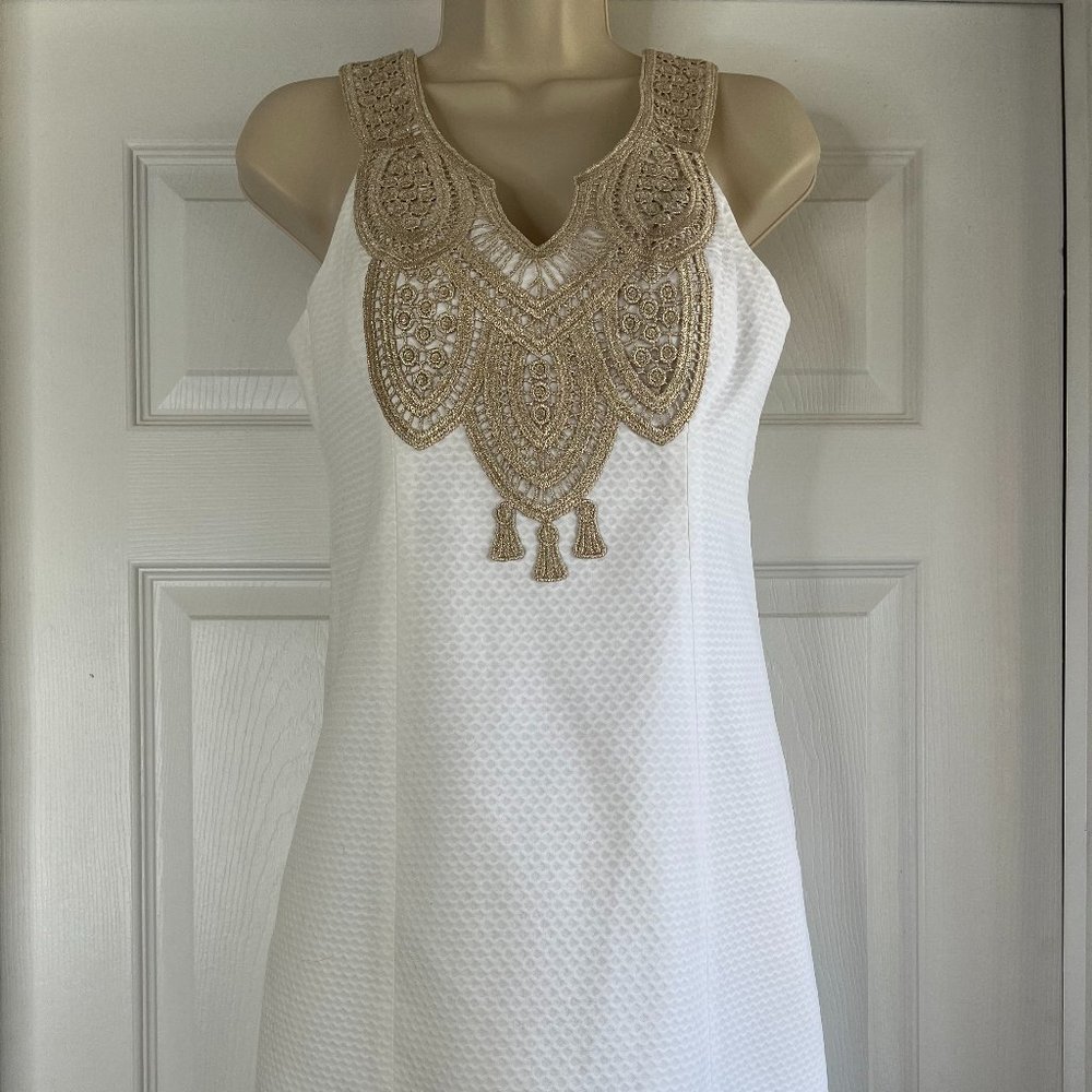 Gorgeous Lilly Pulitzer Resort White Largo Shift Dress Size 0 NWT Gold Crochet - Picture 2 of 13